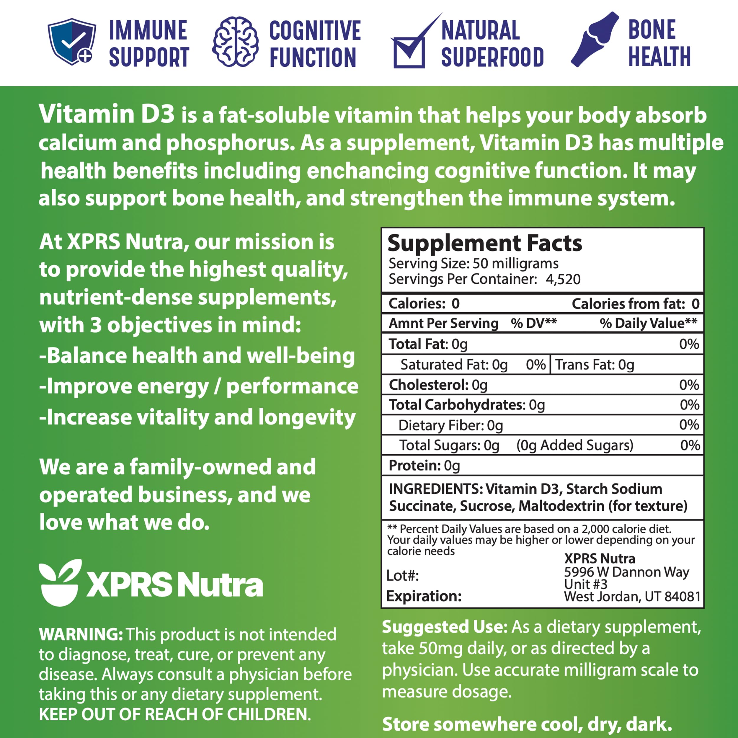 XPRS Nutra Vitamin D3 Powder (Cholecalciferol) - Unflavored 8 oz Pack of 6