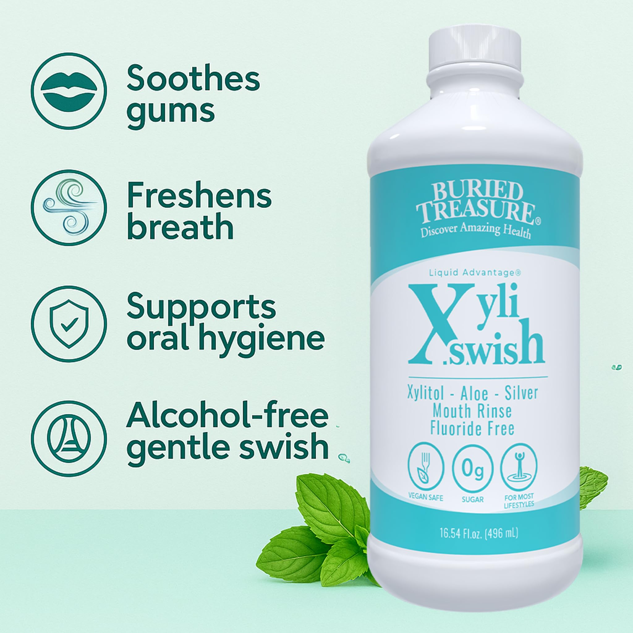 Xyli Swish - All Natural Formulated Nano Silver, Xylitol & Aloe Mouthwash - Alcohol and Fluoride Free - Oral Rinse to Fight Bad Breath & Dry Mouth - Peppermint Flavor - 16oz.
