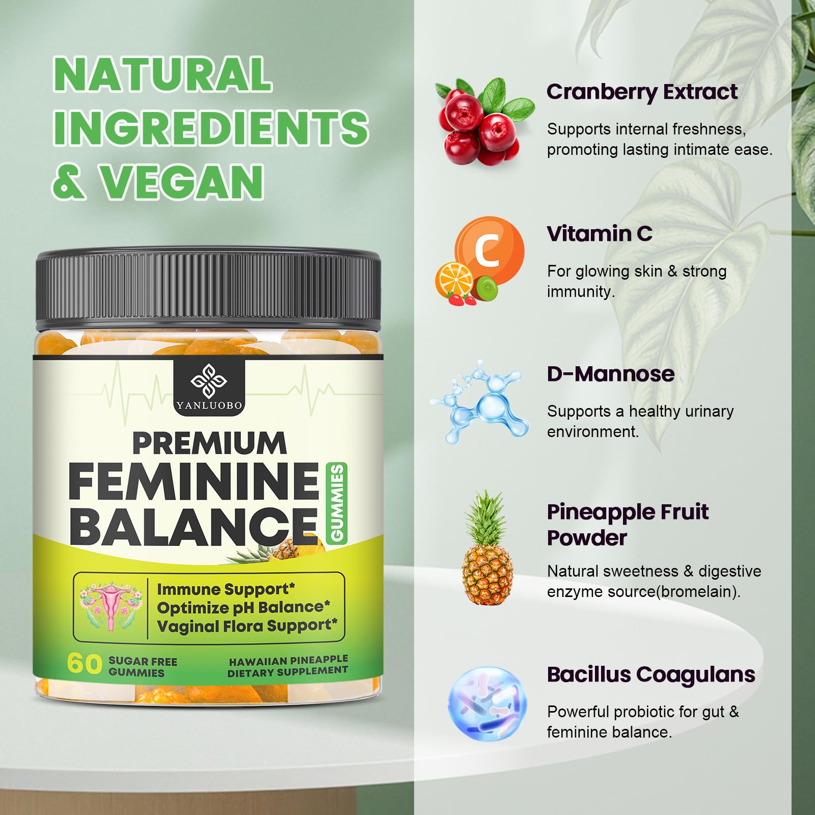 YANLUOBO Feminine Balance Probiotic Gummies for Women | Vaginal Health & pH Balance | 60 Count