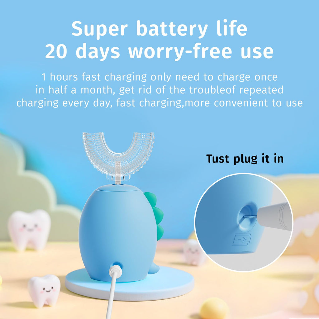 yeklike Kids U-Shaped Electric Toothbrush | 360° Cleaning, IPX7 Waterproof, Cartoon Dinosaur - for 2-7y