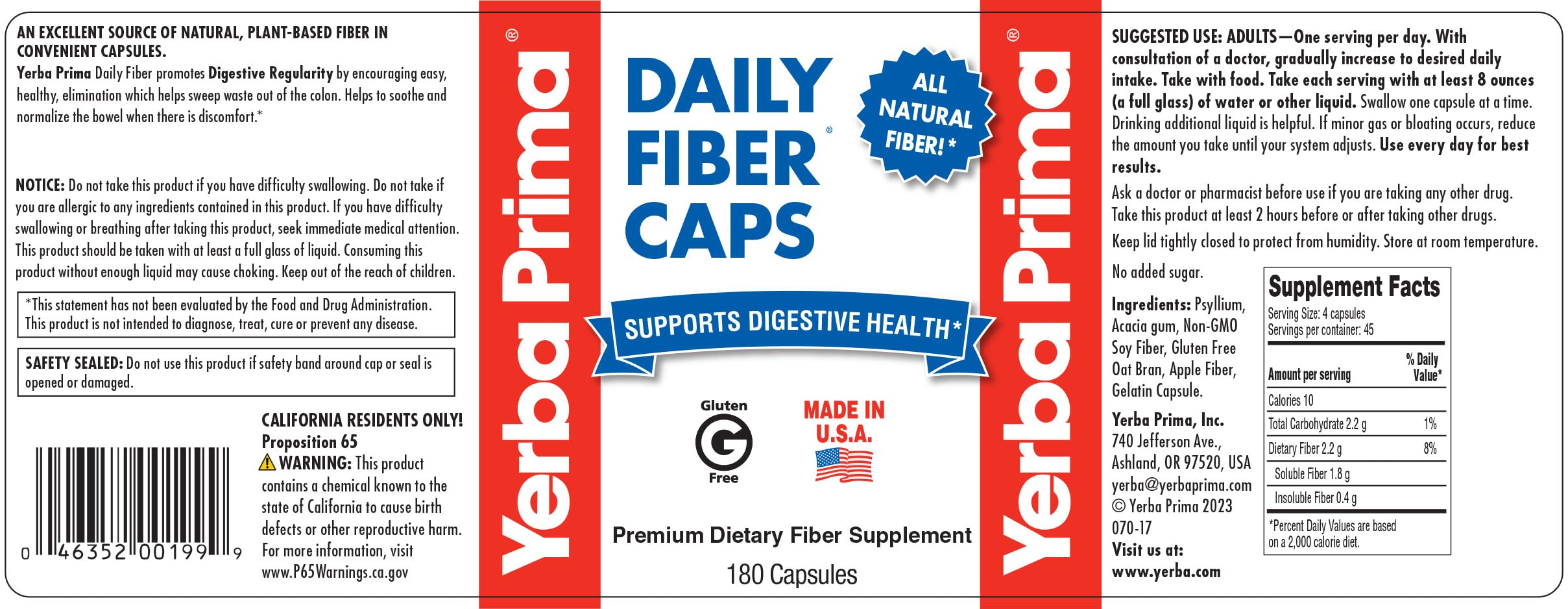 Yerba Prima Daily Fiber Caps – 180 Capsules | Soluble & Insoluble Fiber for Gut Health