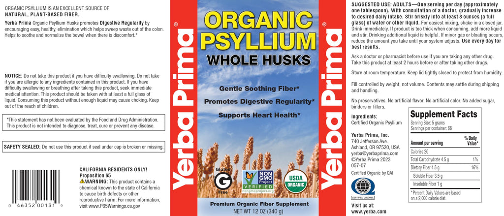 Yerba Prima Organic Psyllium Whole Husks 12 oz – Natural Dietary Fiber, Non-GMO, Gluten Free, Keto & Vegan Friendly