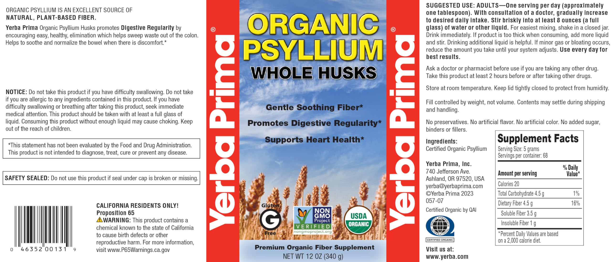 Yerba Prima Organic Psyllium Whole Husks 12 oz – Natural Dietary Fiber, Non-GMO, Gluten Free, Keto & Vegan Friendly