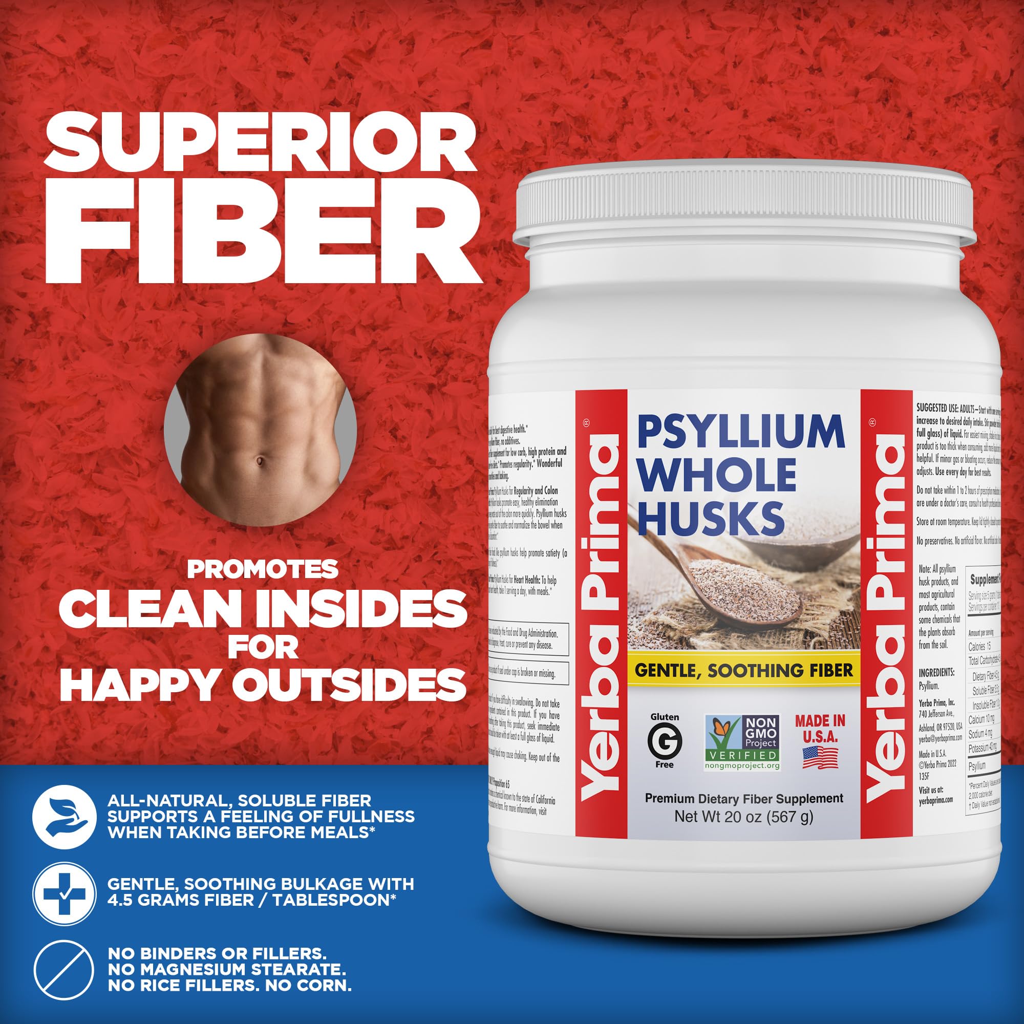 Yerba Prima Whole Psyllium Husk Fiber Supplement 20 oz (Pack of 2) – Vegan, Gluten Free, Non-GMO