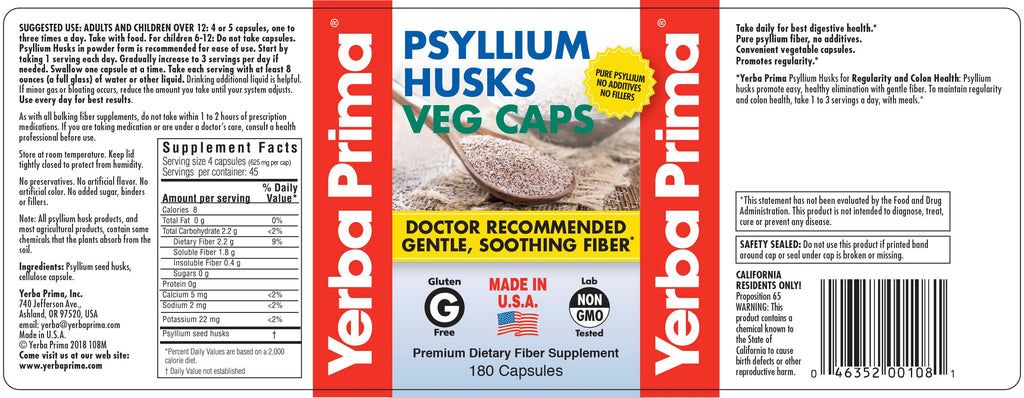 Yerba Prima Psyllium Husk Veg Caps – 180 Count (2 Pack), 625mg – Vegan, Non-GMO, Gluten Free