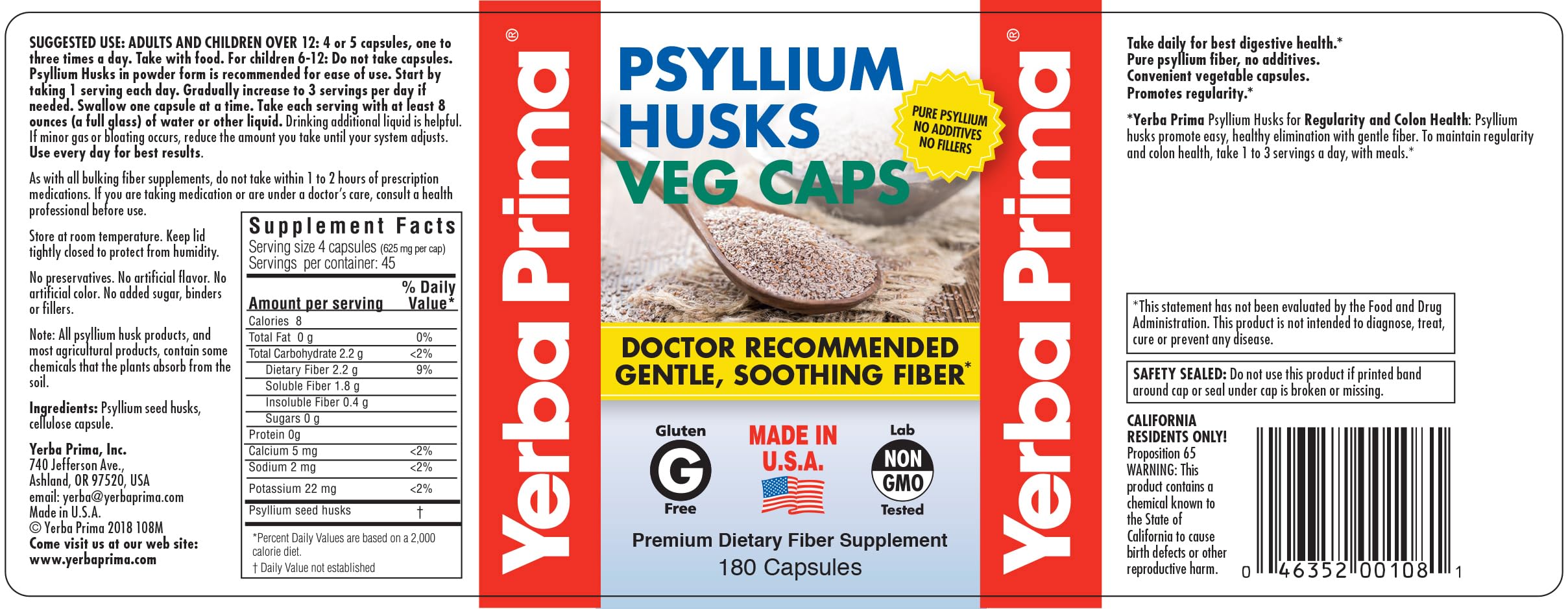Yerba Prima Psyllium Husks 180 Veg Caps (625mg) – Vegan, Non-GMO, Gluten Free