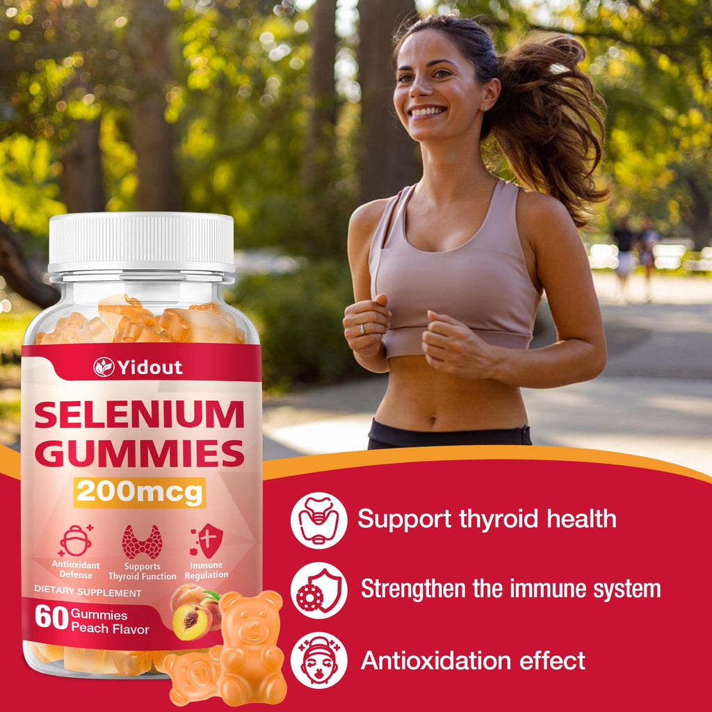 Yidout Selenium Gummies 200mcg | Thyroid Support & Energy Booster for Men & Women | Peach Flavor, 60 Count