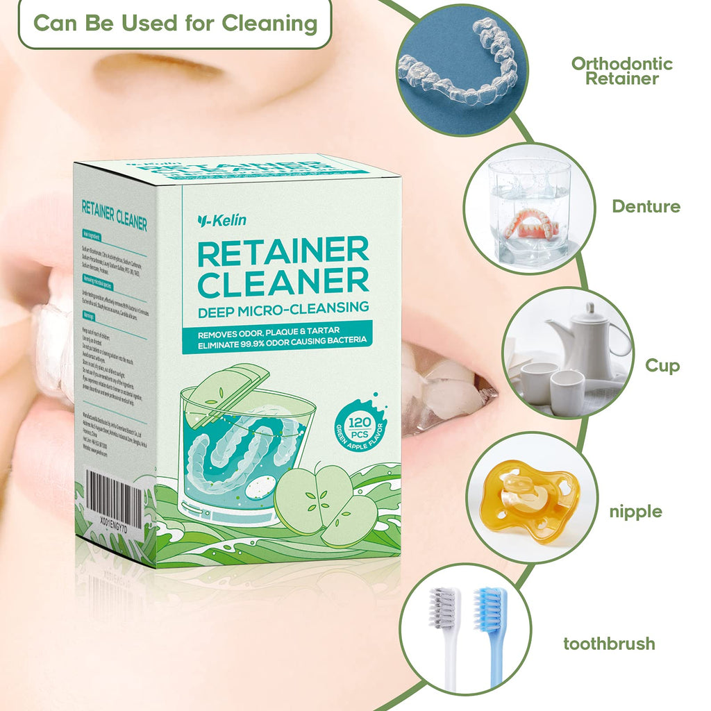 YKL Retainer Cleaner & Denture Cleaning Tablets – Fresh Apple Flavor (120 Count)