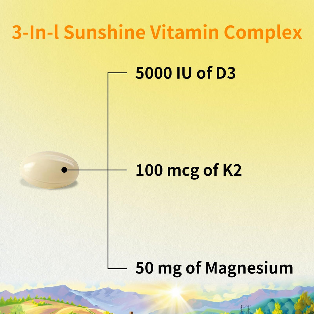 YMINGKJ Vitamin D3 5000 IU & K2 MK-7 Softgels with Magnesium | 30 Softgels | Non-GMO