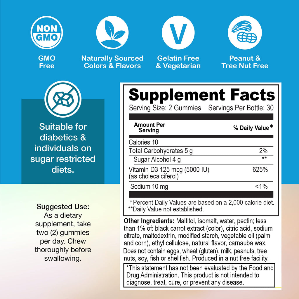 Yum-Vs - Vitamin D3 Gummies with Zero Sugar for Adults & Kids (125 mcg - 60 Count) - Sugar Free Vitamin D Gummies - Vegetarian Gummy Vitamins for Bone Support & Immune Health - Vit D3 Vitamin Chewable