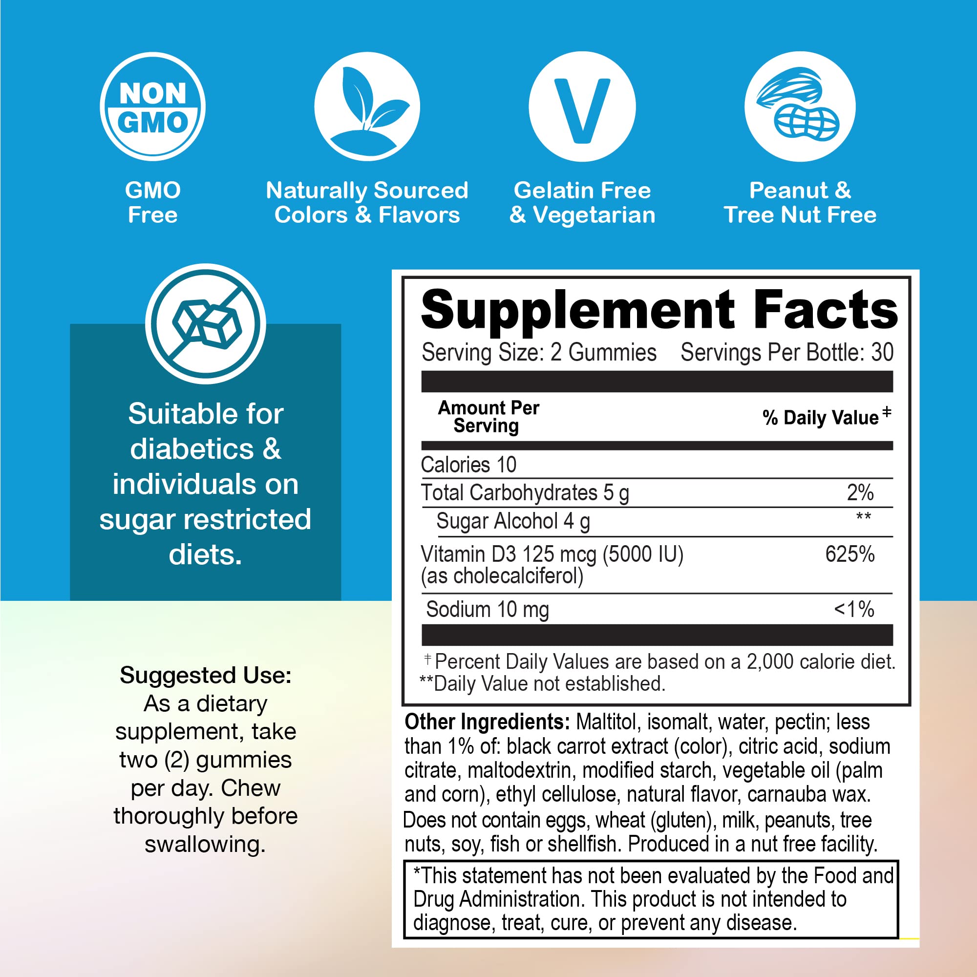 Yum-Vs - Vitamin D3 Gummies with Zero Sugar for Adults & Kids (125 mcg - 60 Count) - Sugar Free Vitamin D Gummies - Vegetarian Gummy Vitamins for Bone Support & Immune Health - Vit D3 Vitamin Chewable