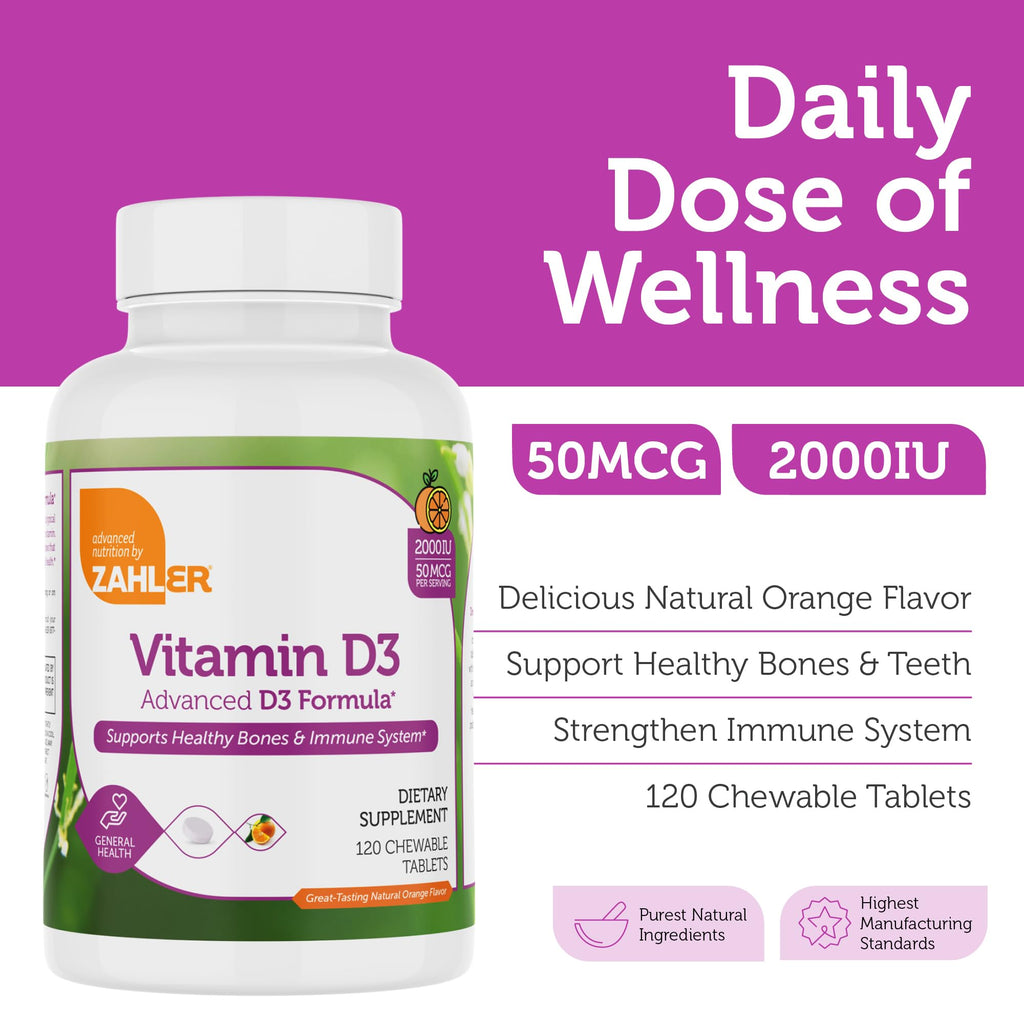 Zahler Chewable Vitamin D3 2000 IU – Bone & Immune Health (120 Count) Pack of 2