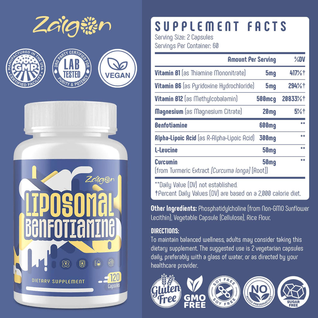 Zaigon Benfotiamine B1 600mg Liposomal | 120 Vegan Capsules | Energy & Nerve Support