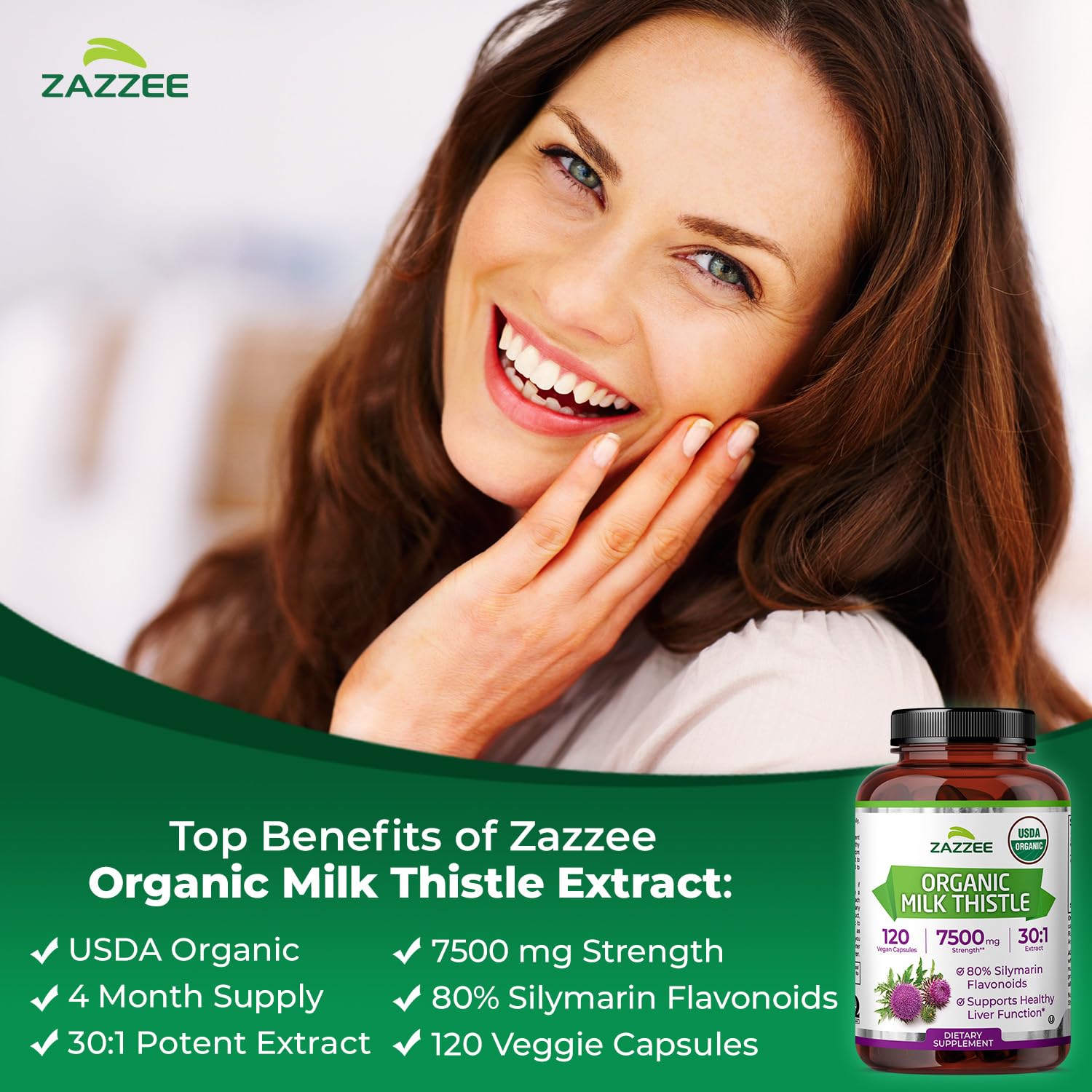 Zazzee USDA Organic Milk Thistle 30:1 Extract - 7500 mg, 120 Veg Capsules