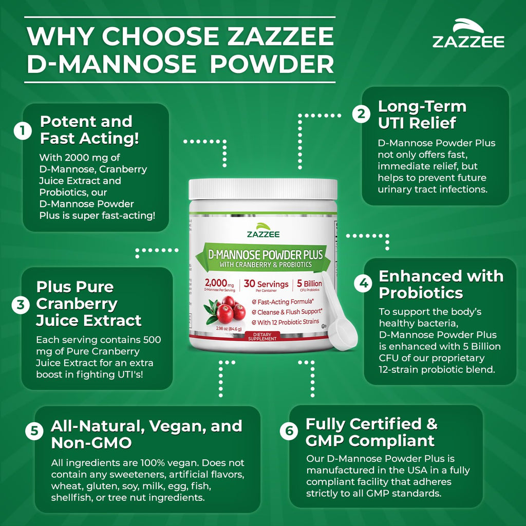 Zazzee D-Mannose Powder Plus – 2000 mg, Probiotics, Cranberry, 30 Servings