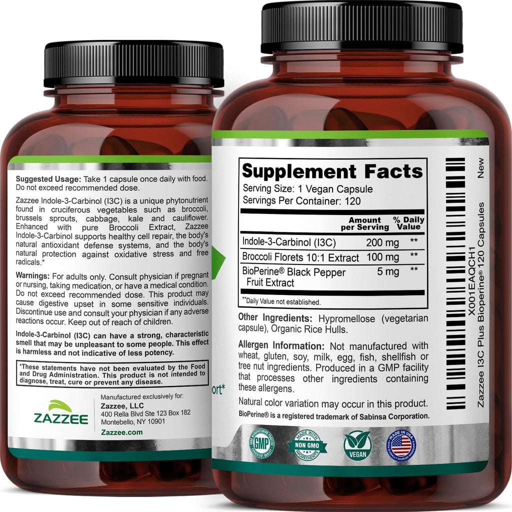 Zazzee Indole-3-Carbinol I3C 200 mg | 120 Vegan Capsules | 5 mg BioPerine