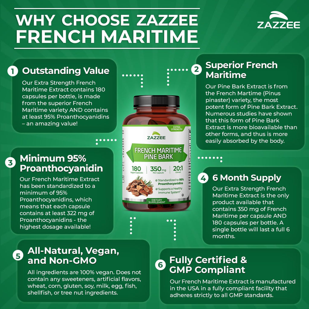 Zazzee Extra Strength French Maritime Pine Bark Extract 20:1 – 350 mg per Capsule, 180 Vegan Capsules