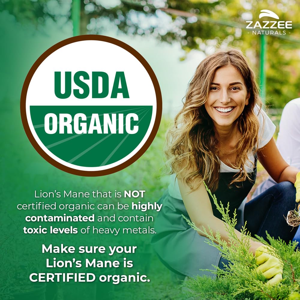 Zazzee USDA Organic Lion's Mane 20:1 Extract – 16,000 mg per Capsule, 120 Vegan Capsules, Made in USA