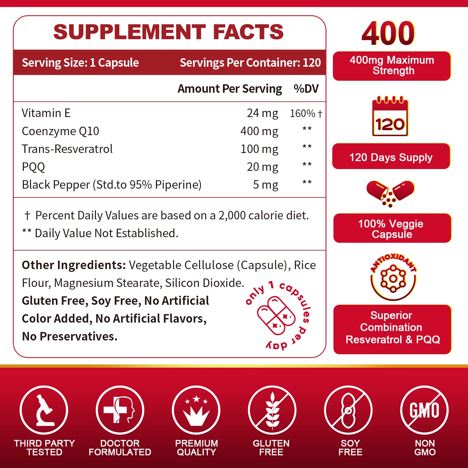 ZEBORA CoQ10 400mg with Trans-Resveratrol, PQQ & Vitamin E – High Absorption CoQ10 with BioPerine