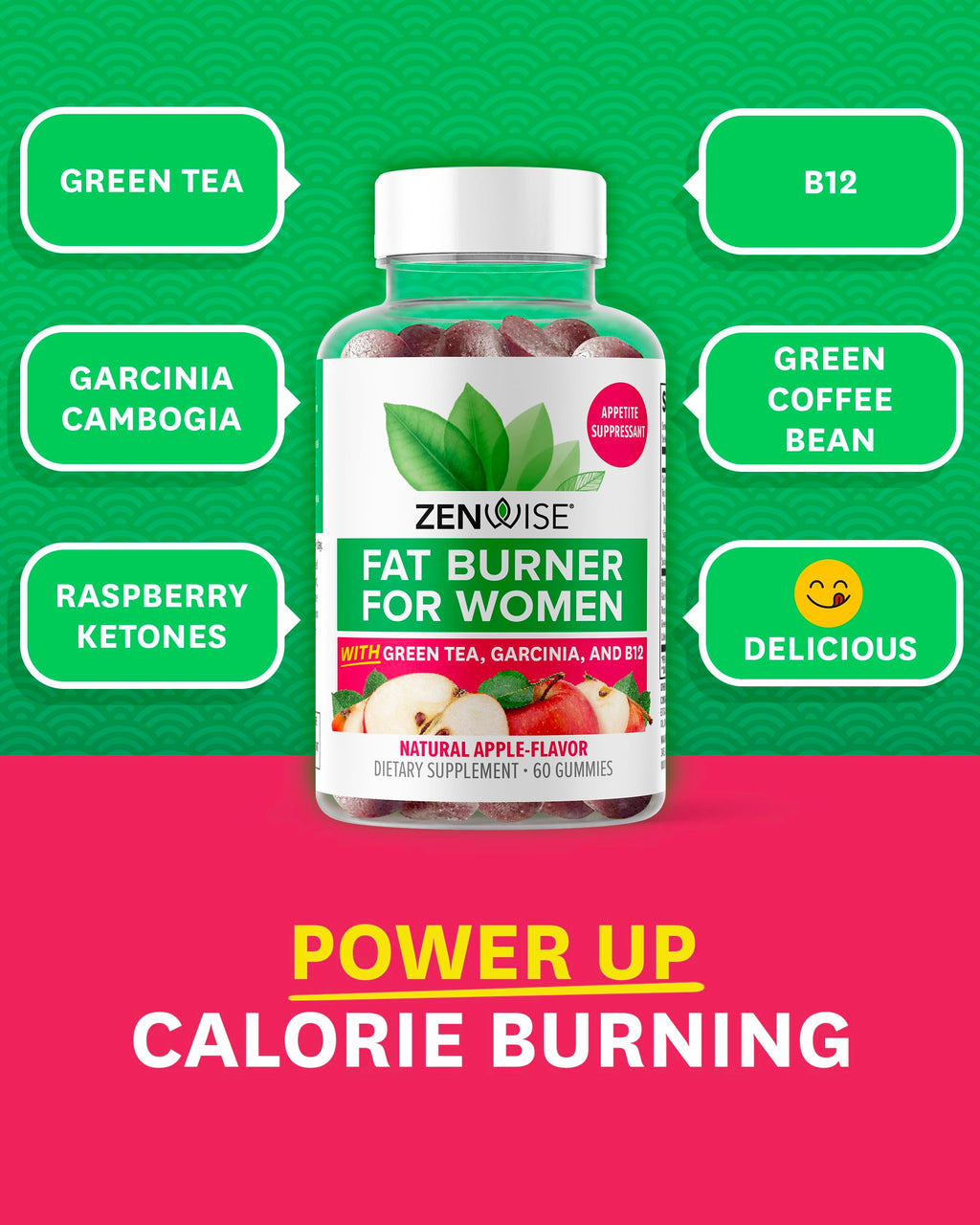 Zenwise Health Fat Burner Gummies – Appetite Suppressant for Weight Loss with Green Tea Extract, Garcinia Cambogia & B12 (60ct Apple Gummies)