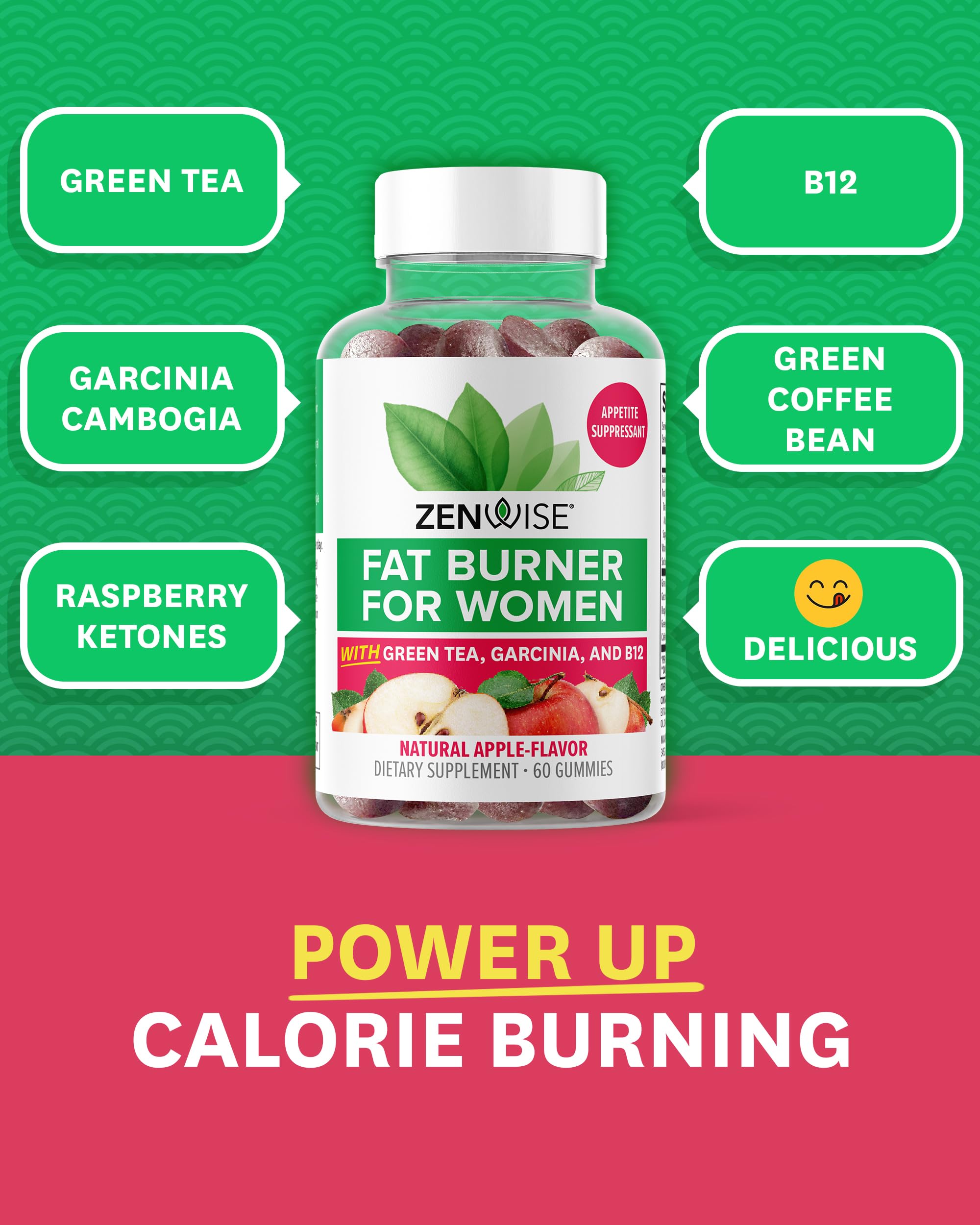 Zenwise Health Fat Burner Gummies – Appetite Suppressant for Weight Loss with Green Tea Extract, Garcinia Cambogia & B12 (60ct Apple Gummies)