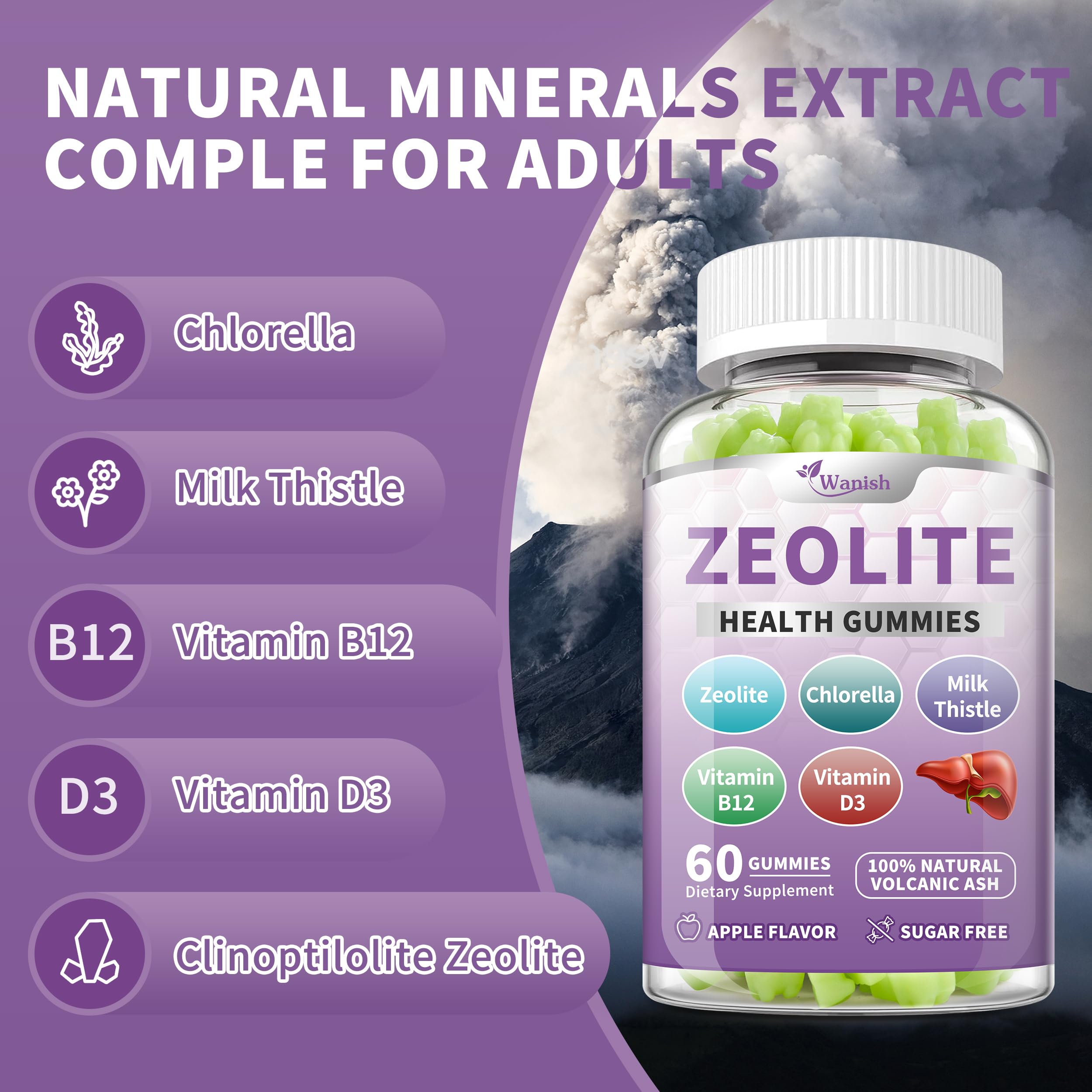 Zeolite Gummies for Adults - Immune, Gut & Liver Support | Vegan, Non-GMO, Sugar-Free Apple Flavor | 60 Count