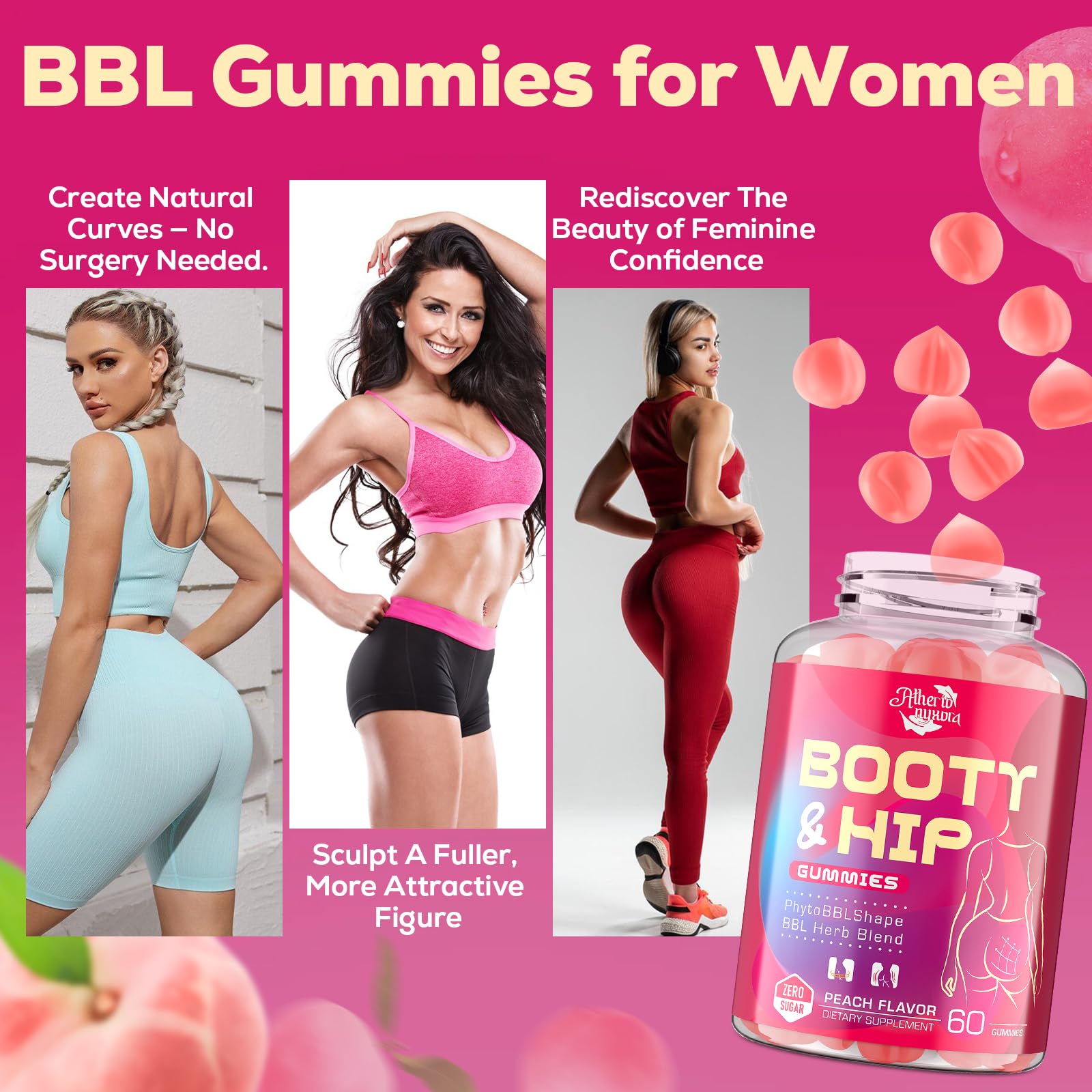 Booty Gummies for Women - BBL Gummies with Collagen & Herbal Blend | Peach Flavor
