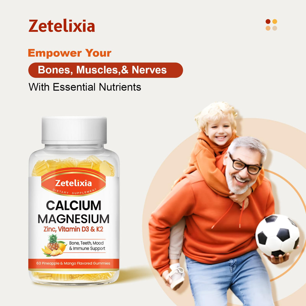Zetelixia Calcium Gummies for Women & Men – Calcium Magnesium Zinc with Vitamin D3 & K2, Pineapple & Mango Flavor, 60 Count