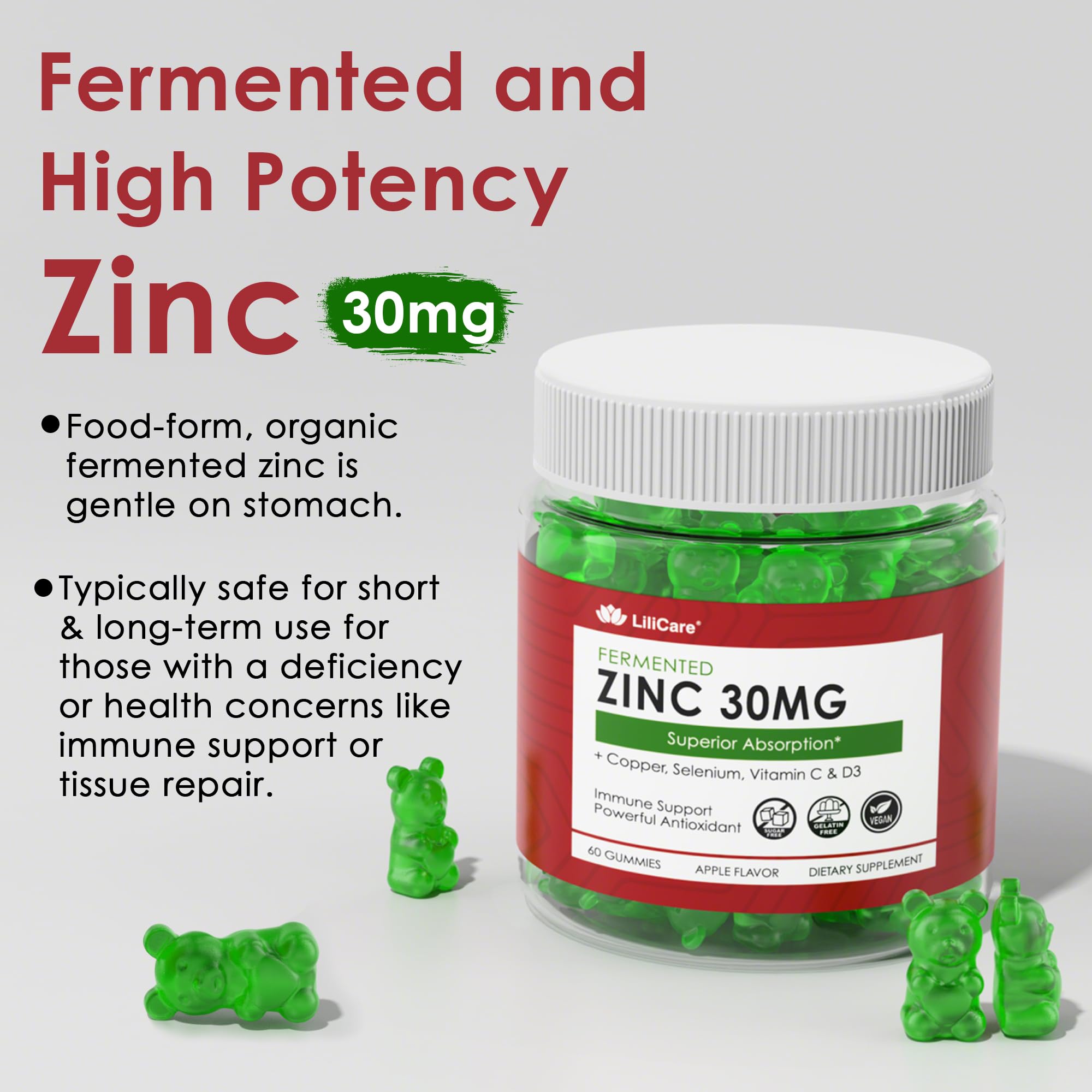 Zinc Gummies with Copper, Selenium, C & D3 + Elderberry - Fermented, Sugar-Free, 60 Ct