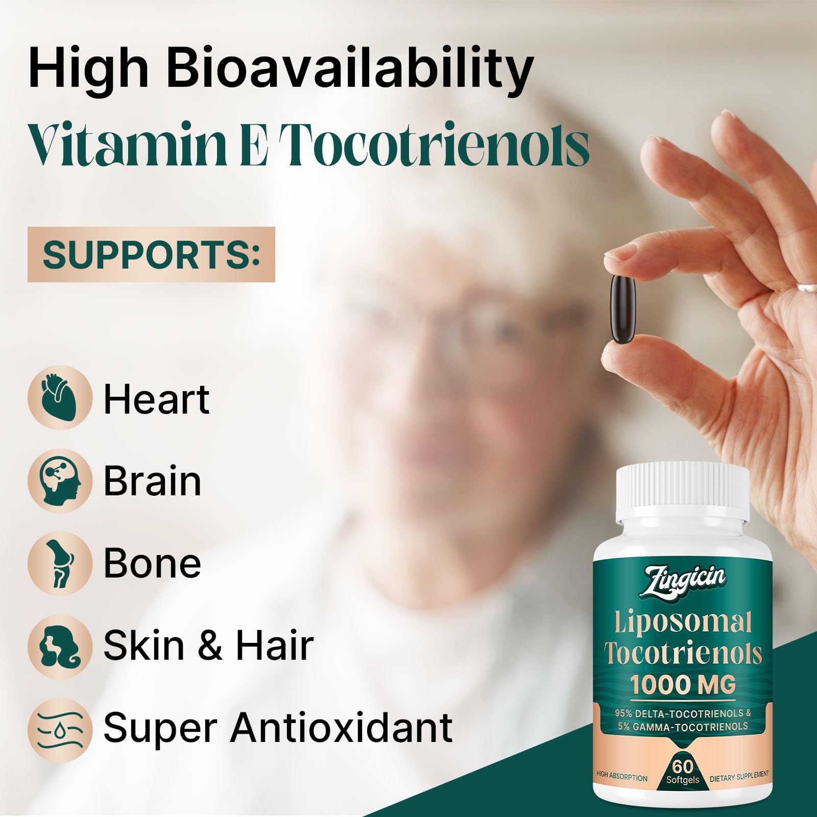 Zingicin Vitamin E Tocotrienols – Liposomal Delta & Gamma Tocotrienols 1000mg | 120 Softgels