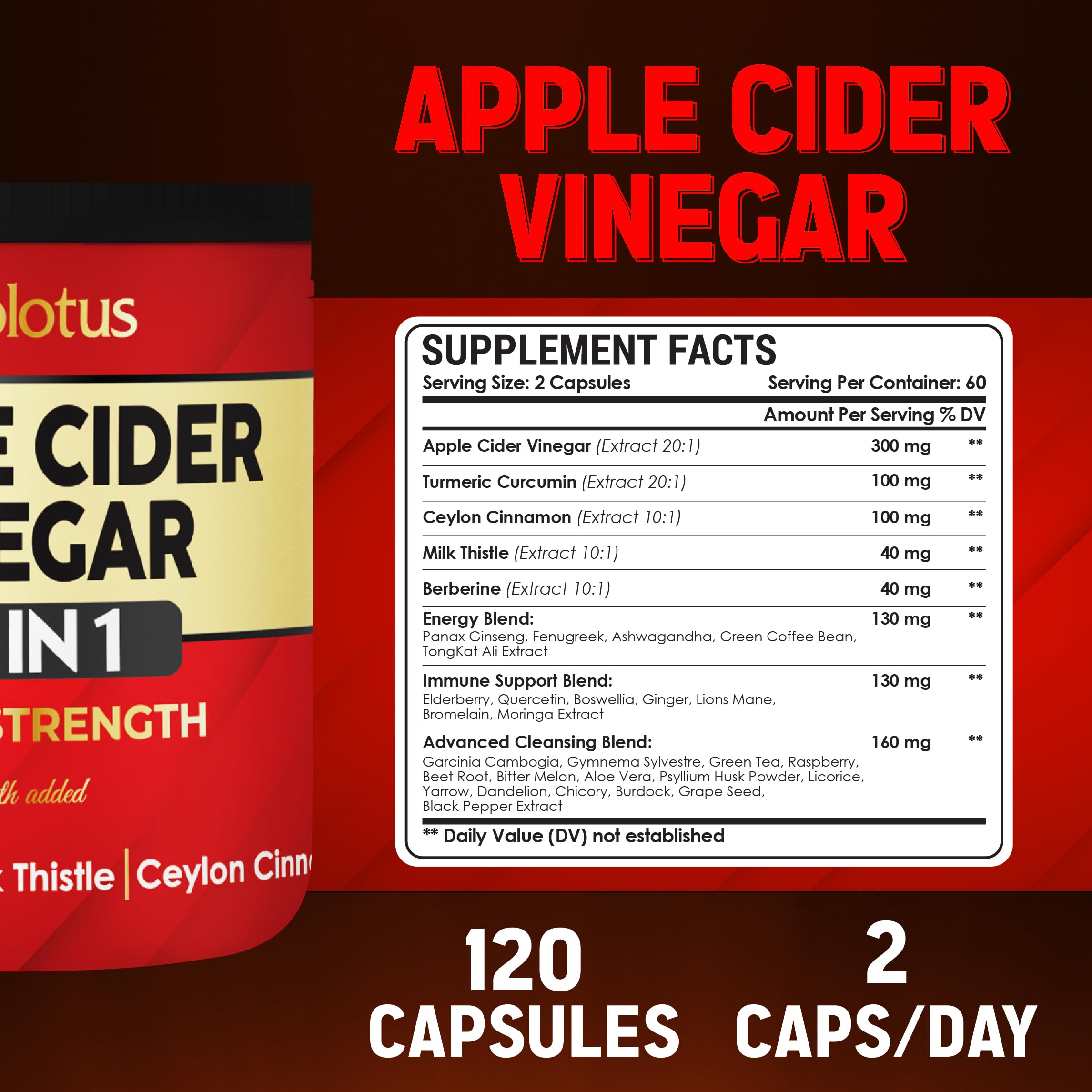 Zolotus 32-in-1 Apple Cider Vinegar Capsules | Turmeric, Cinnamon & Immune Support | 120 Caps