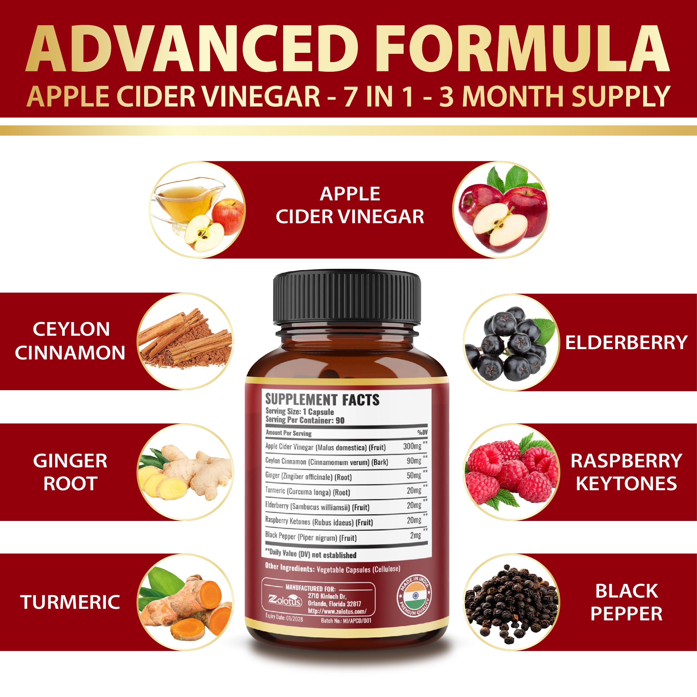 Zolotus 7-in-1 Apple Cider Vinegar Capsules, 3-Month Supply