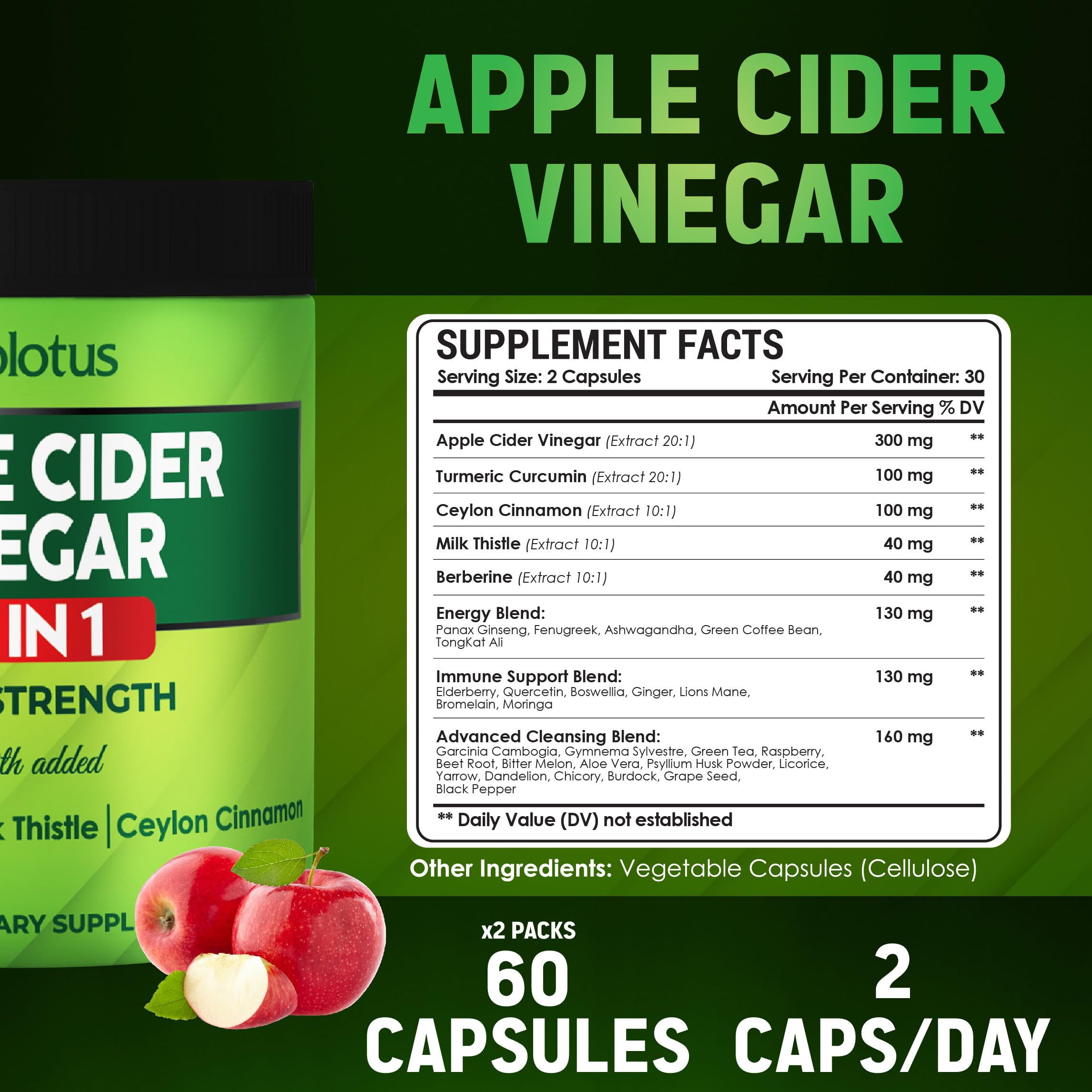 Zolotus Apple Cider Vinegar Capsules 32in1 - 60 Caps (2 Packs) with Turmeric Cinnamon Milk Thistle