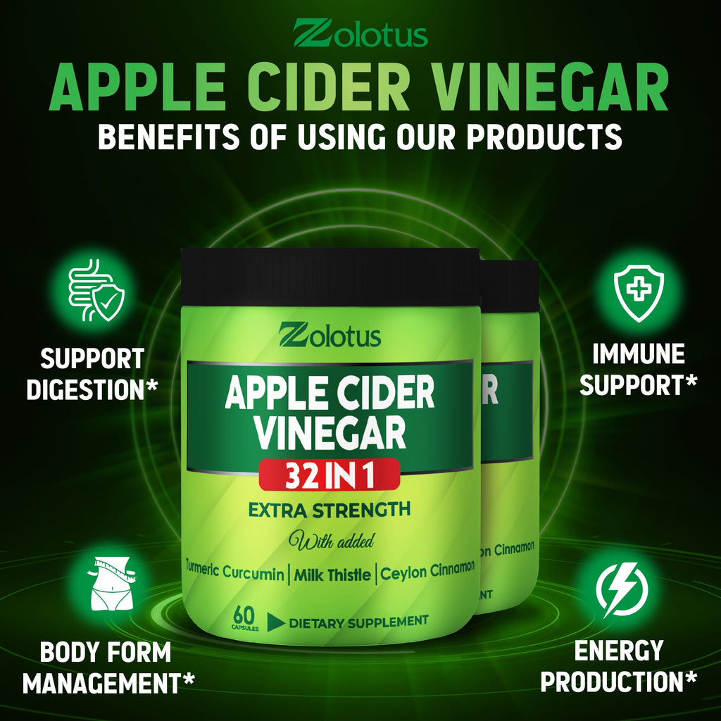 Zolotus Apple Cider Vinegar Capsules 32in1 - 60 Caps (2 Packs) with Turmeric Cinnamon Milk Thistle