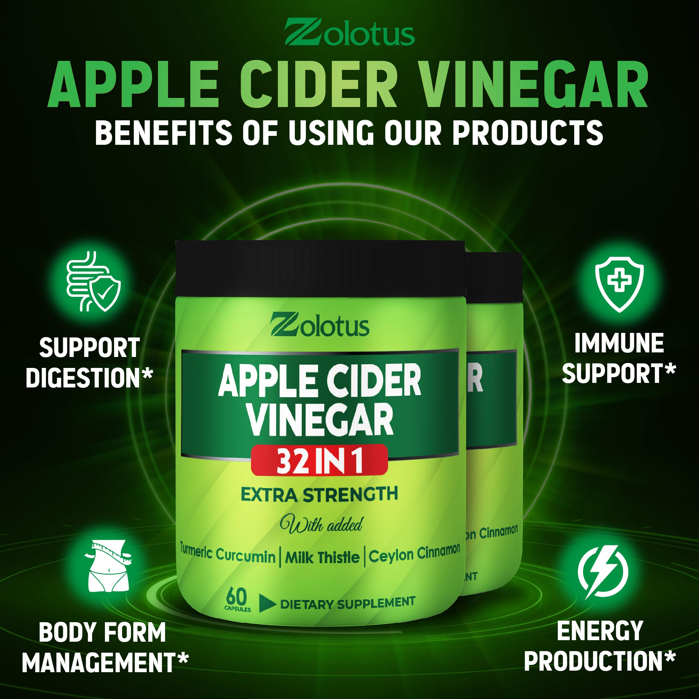 Zolotus Apple Cider Vinegar Capsules 32in1 - 60 Caps (2 Packs) with Turmeric Cinnamon Milk Thistle