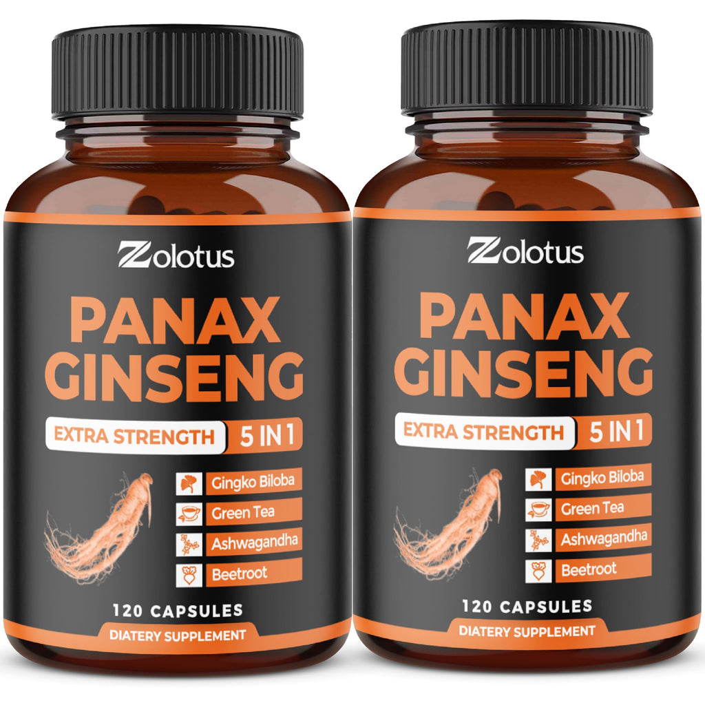 Zolotus Korean Red Panax Ginseng + Ginkgo Biloba, Ashwagandha, Beetroot, Green Tea - 120 Capsules (Pack of 2)