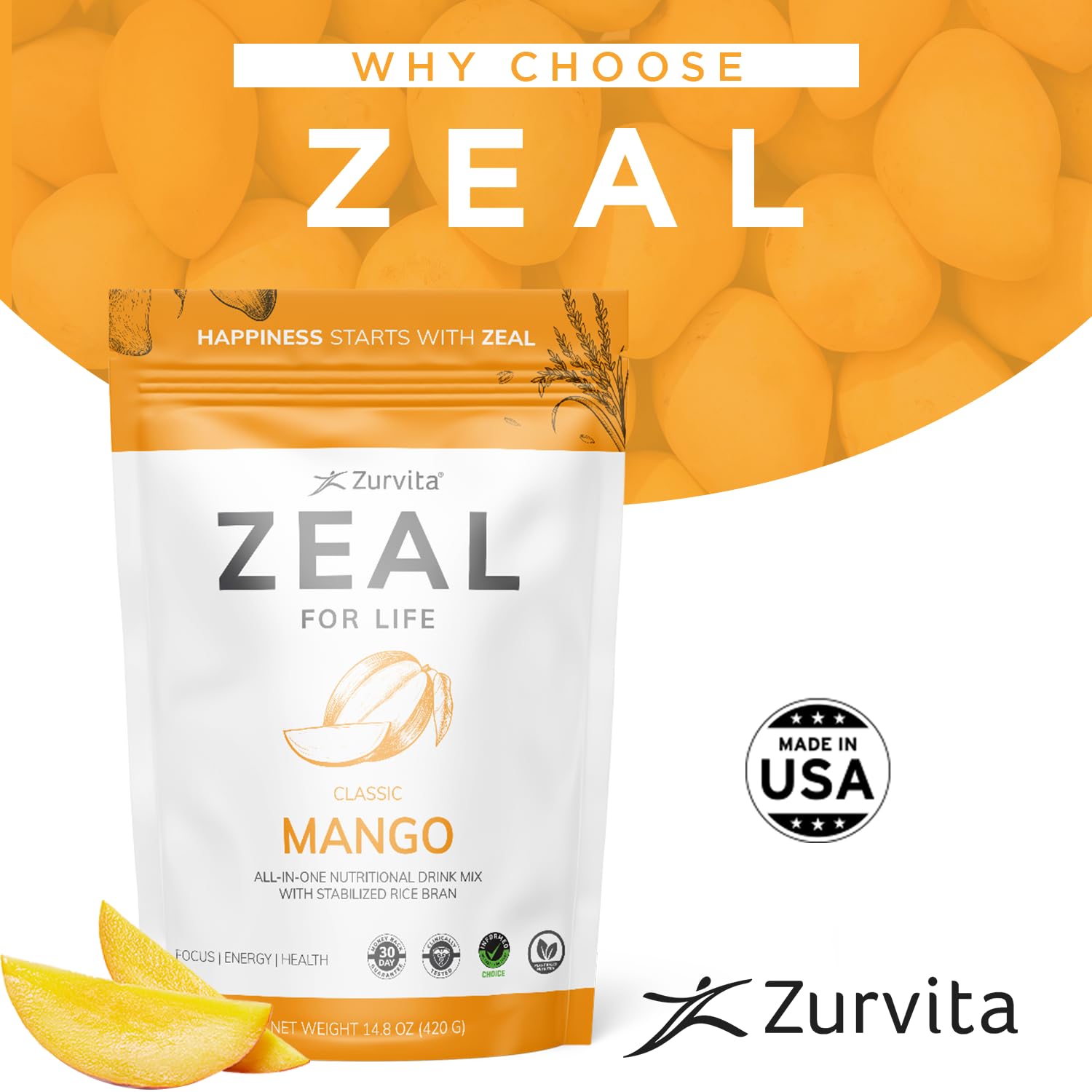 Zurvita Zeal for Life Wellness Drink Mix – Mango Flavor, Gluten-Free & Vegan (30 Servings, 420g)