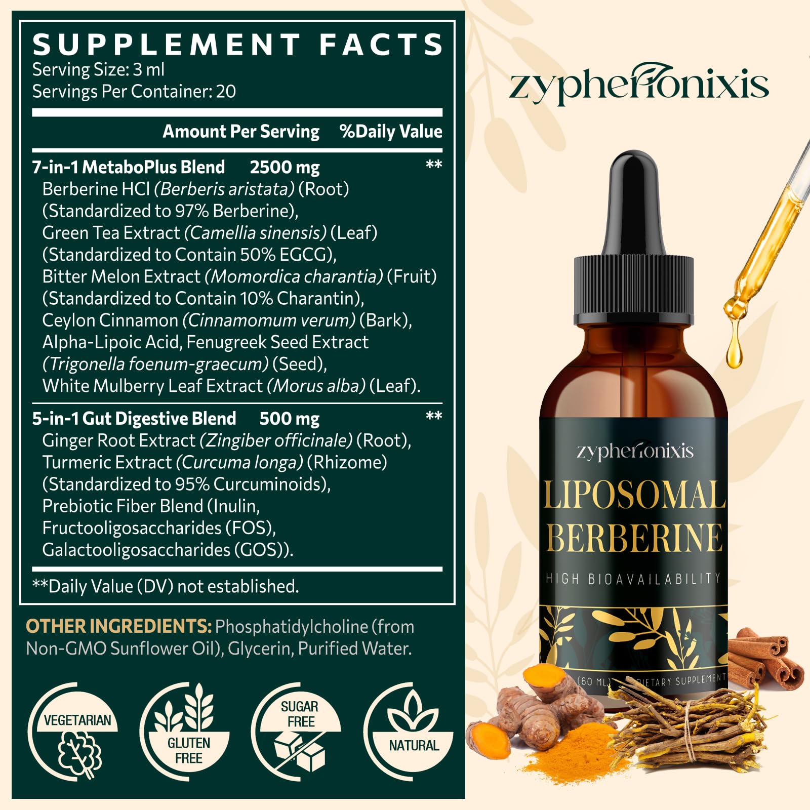 Zypherionixis Liposomal Berberine HCL Drops 3000mg – Sugar Free AMPK Activator (2 oz)